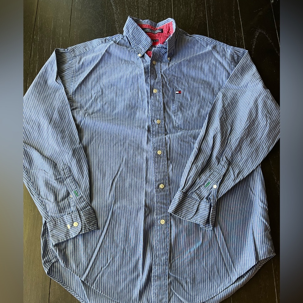 Tommy Hilfiger Striped Blue Button Up Collar Shirt